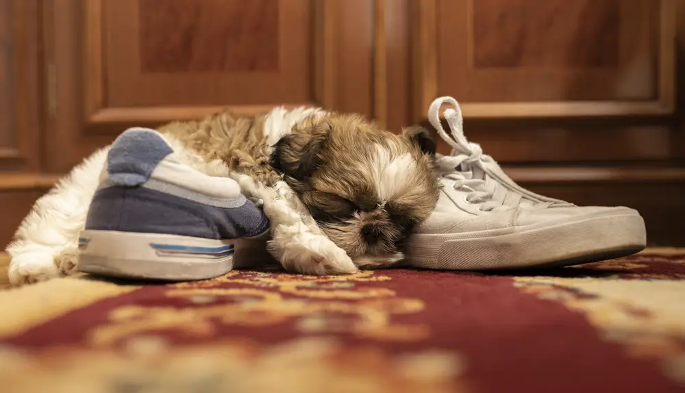 why does my shih tzu sleep on my feet - shih tzu puppy sleeping on shoes