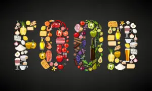 the word food spelled out with food