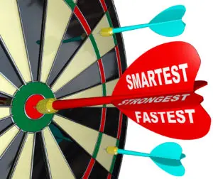 darts hits the center bulls-eye of a target on a dart board, with the words Smarter, Stronger, Faster on it 