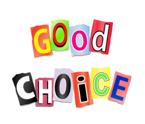 Illustration depicting cut out letters arranged to form the words good choice.