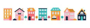 Set of colorful houses, small town, exterior facade of small town