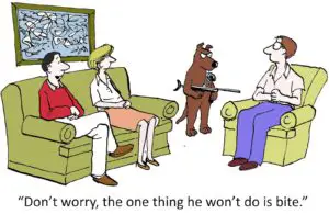 cartoon of a dog with a gun guarding his owners