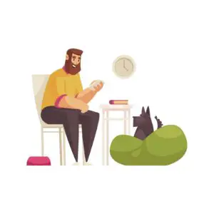  home scenery and bearded man holding notebook talking to lying dog vector illustration